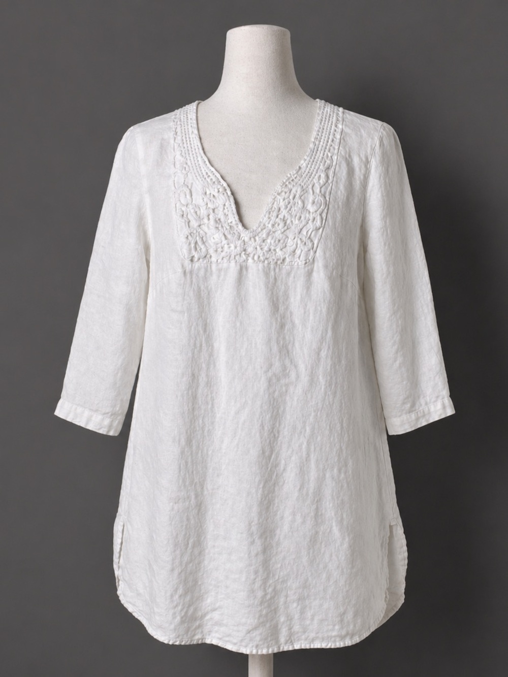 Anthropologie Malvin White V-Neck 100% Linen Tunic Dress S 8 Crochet Detail